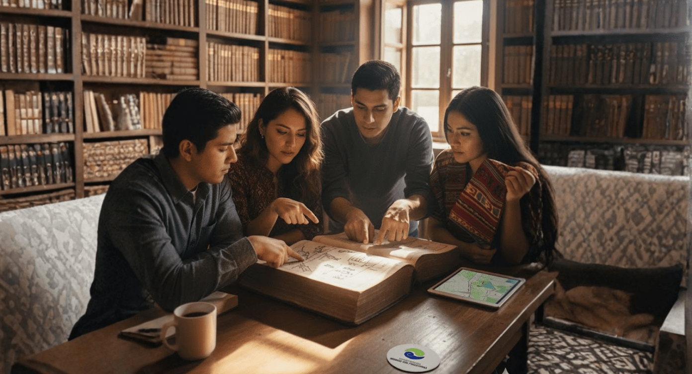 Estudiantes de Licenciatura en Derecho en Oaxaca revisando libros sobre leyes locales.