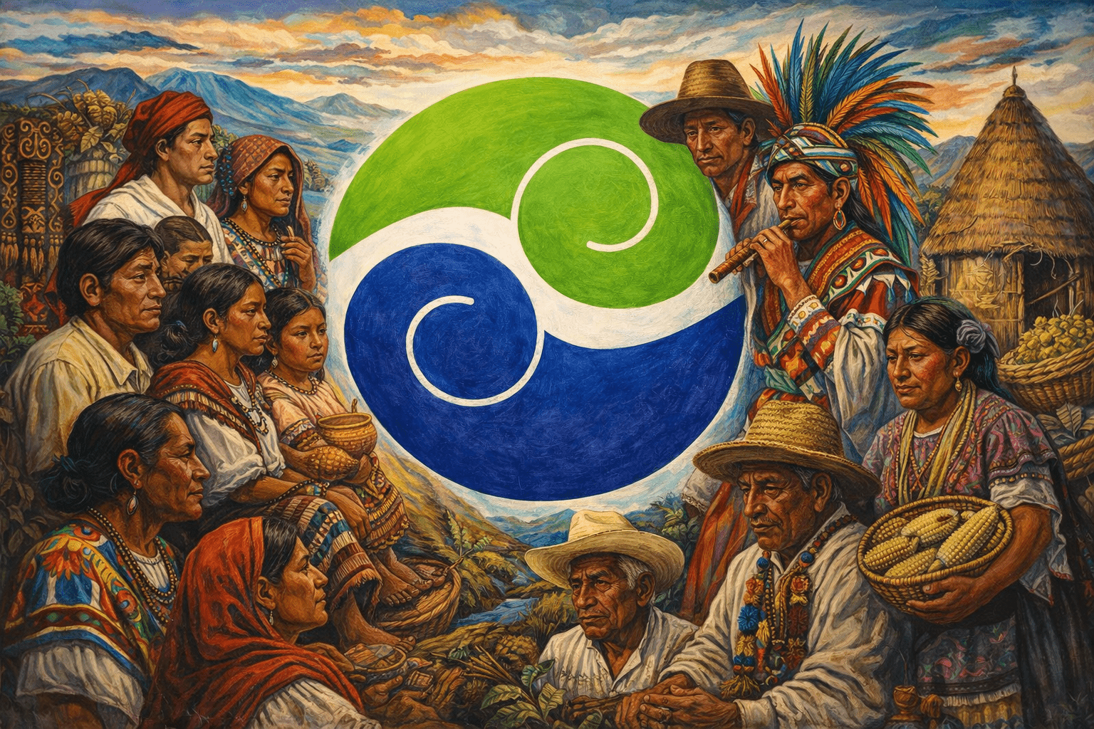 Ilustración tipo mural de pueblos indígenas de Oaxaca rodeando el logo de la Multiversidad, representando comunidad, identidad cultural y derechos colectivos.